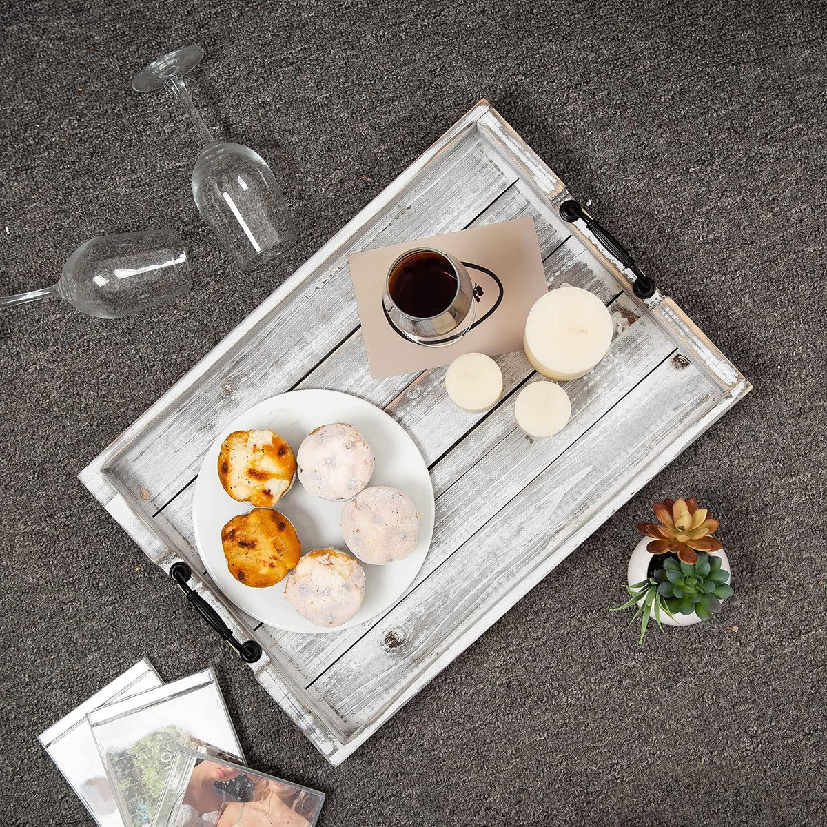 Rustic Vintage Big Wood Food Serving Trays with cutout Metal Handles(20 Inches) large Nesting Board Decorative Serving Trays Platter for Breakfast in Bed, Ottoman, Coffee Table, BBQ, Party(Gray white)