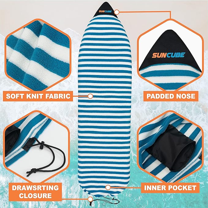 SUN CUBE Surfboard Sock Cover, Protective Surf Bag for Surfing Board, Light Stretchy Surfbag Sleeve for Longboard, Hybrid (8'6'', Black White)