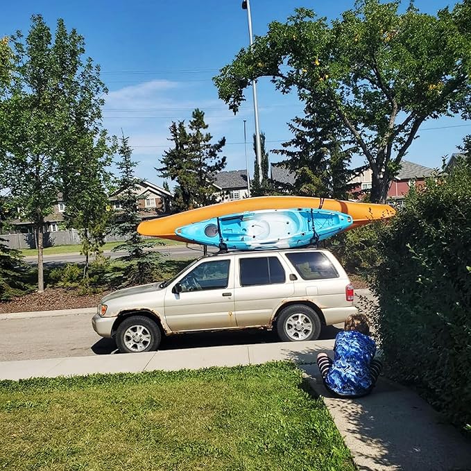 2 Pairs Kayak Rack J-Bar Car Roof Rack for Canoe Carrier SUP Paddle Surfboard Mount on Car SUV and Truck Crossbar, Includes 4 Pcs Roof Rack Tie Down Straps.