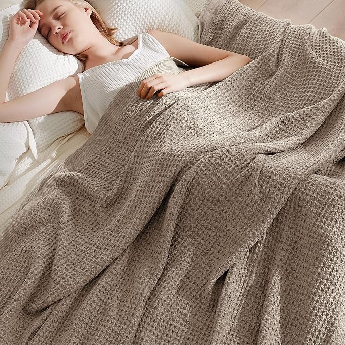 Bedsure 100% Cotton Large Blanket Oversized King for Bed - Breathable Thick Waffle Weave Blanket for Summer, Couch Cover, Taupe, 120x94 inches
