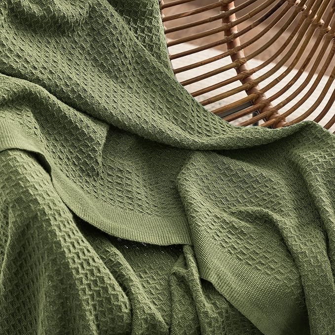 Bedsure 100% Cotton Large Blanket Oversized King for Bed - Breathable Thick Waffle Weave Blanket for Summer, Couch Cover, Olive Green, 120x94 inches