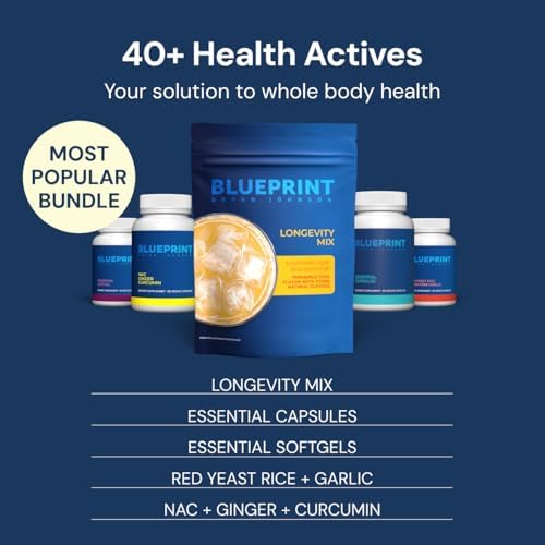 Blueprint Bryan Johnson Longevity Mix - Muscle Builder & Recovery Supplement - Promotes Focus and Balanced Mood - Magnesium, Creatine, L-Theanine, Glutathione & Vitamin C- 30 Servings, Pineapple Yuzu