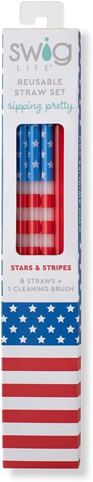 Swig Life Reusable Straws Stars & Stripes + Red Tall Straw Set & Cleaning Brush, Each Straw is 10.25 inch Long (Fits Swig Life 20oz Tumblers, 22oz, and 32oz Tumblers)