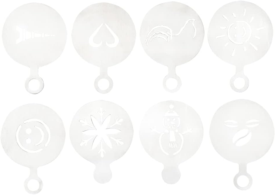 Restaurantware Restpresso 4.75 Inch Latte Stencil Set 8 Heat-Resistant Coffee Stencils - Coffee Art Templates Decorate Cupcakes Cakes or Cookies Stainless Steel Cappuccino Stencil Set