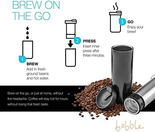 bobble French Coffee Presse, On-The-Go use, Quick Brew, Slim Design, Triple Wall Insulation, 14 oz (Black)