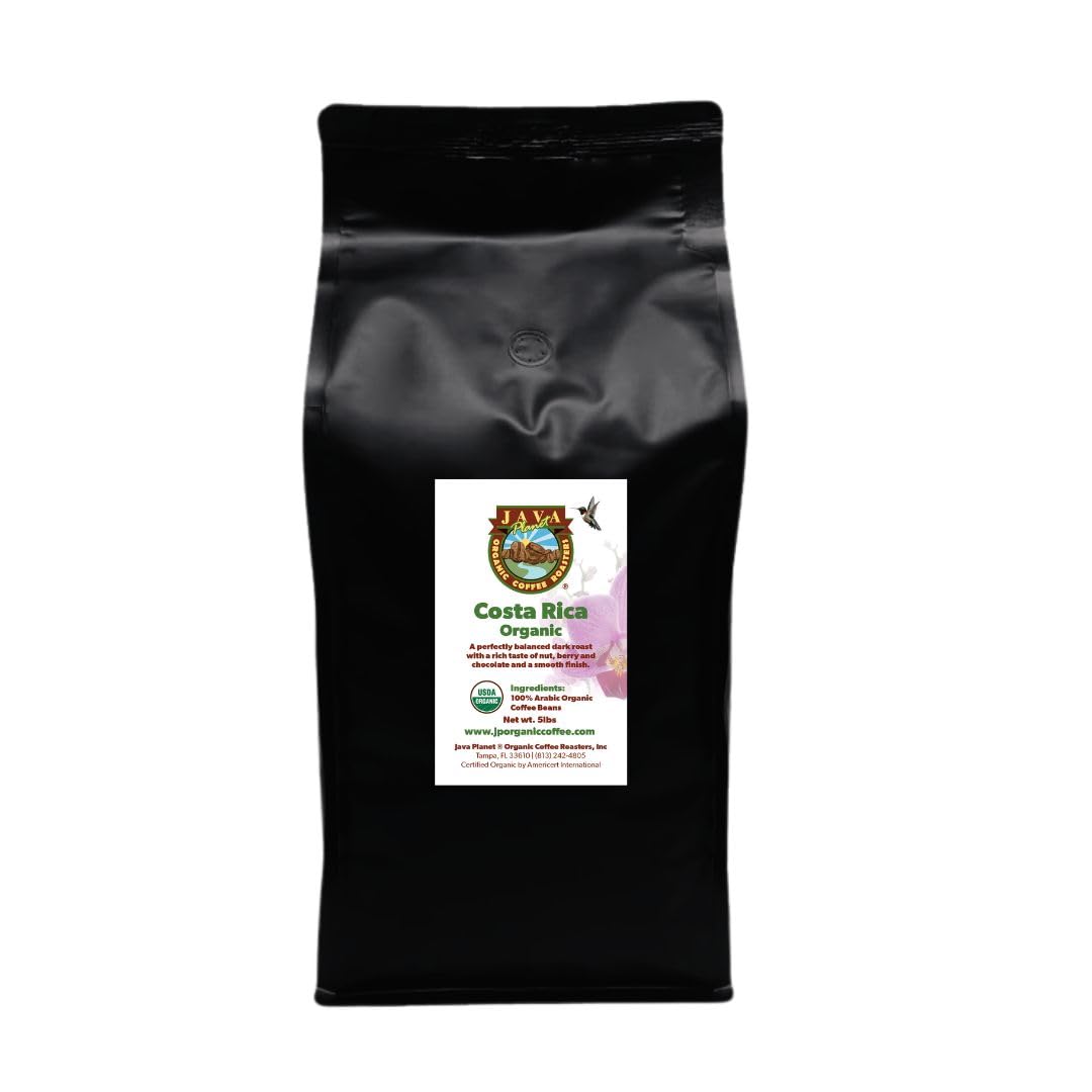 Low Acid Organic Coffee – Whole Bean, Mold-Free & Stomach Friendly by Java Planet, Costa Rican Single Origin Coffee, Dark Roast, Smooth Full Flavored, 5LB Bag
