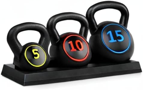 Best Choice Products 3-Piece Kettlebell Set with Storage Rack, HDPE Coated Exercise Fitness Concrete Weights for Home Gym, Strength Training, HIIT Workout 5lb, 10lb, 15lb