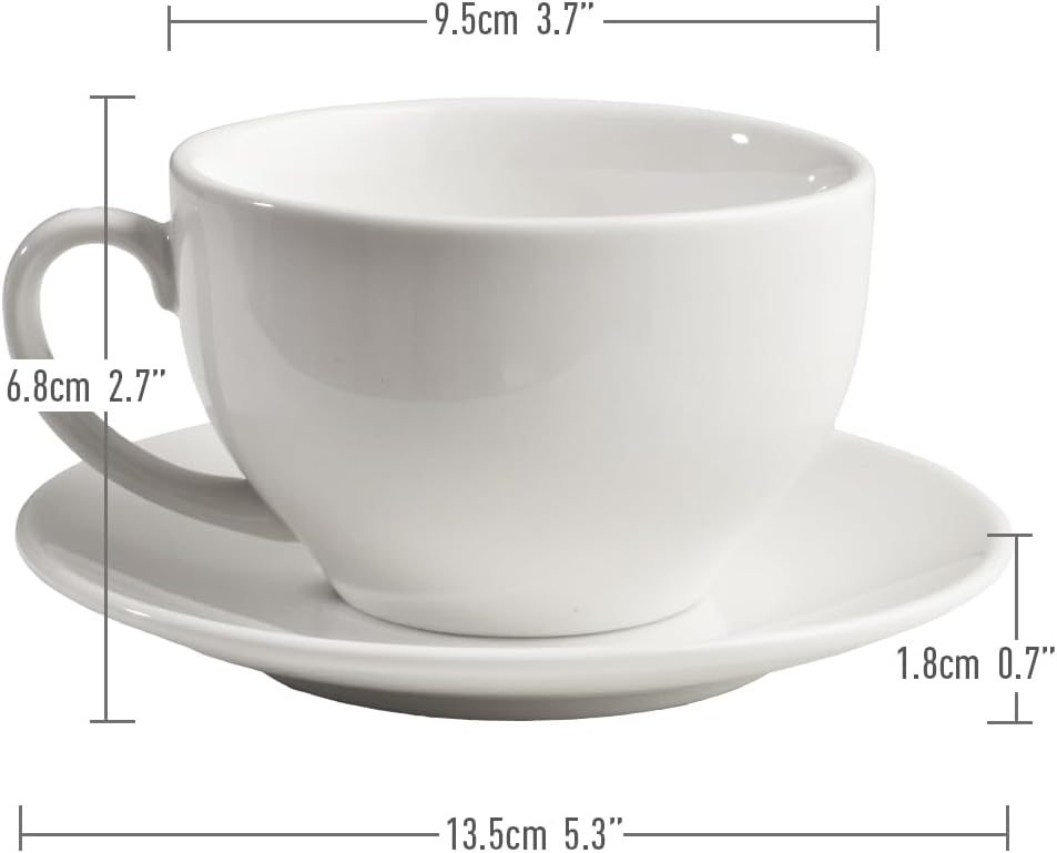 Porcelain Coffee Cup with Saucer 220ml/7.3oz for Cappuccino, Latte, and Tea, Elegant White