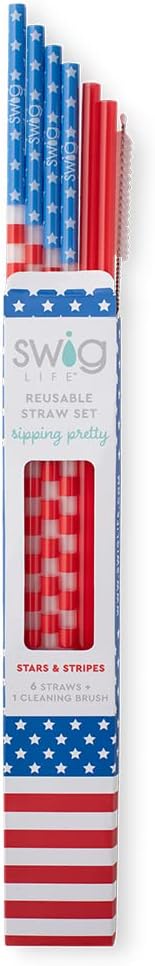 Swig Life Reusable Straws Stars & Stripes + Red Tall Straw Set & Cleaning Brush, Each Straw is 10.25 inch Long (Fits Swig Life 20oz Tumblers, 22oz, and 32oz Tumblers)
