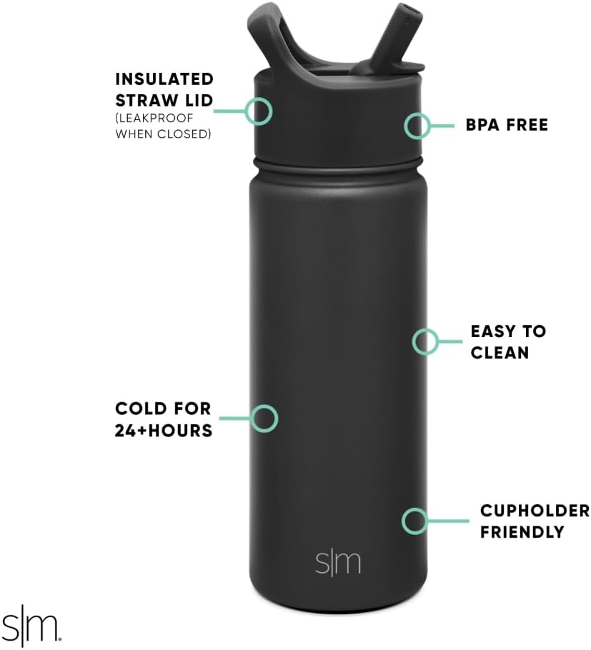 Simple Modern Kids Water Bottle with Straw Lid Vacuum Insulated Stainless Steel Metal Thermos Bottles | Reusable Leak Proof BPA-Free Flask for School | Summit Collection | 18oz, Midnight Black