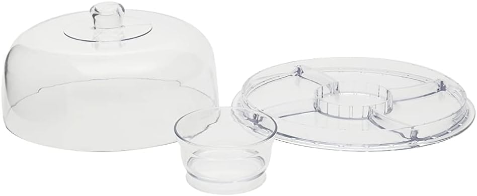 JOEY'Z Extra Large (12") 6 in 1 Acrylic Cake Stand with Dome Lid Multifunctional Serving Platter and Plate, Salad Bowl/Veggie Platter/Punch Bowl/Desert Platter/Chips & Dip - BPA Free