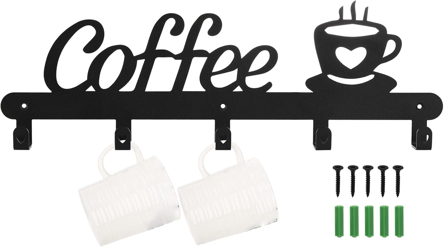 TOPZEA Wall Mounted Coffee Mug Holder, Metal Cups Rack with 5 Hooks Mugs Storage Hanger, Space Saving Hanging Organizer for Kitchen, Bar Station Accessories, Coffee Sign Decor