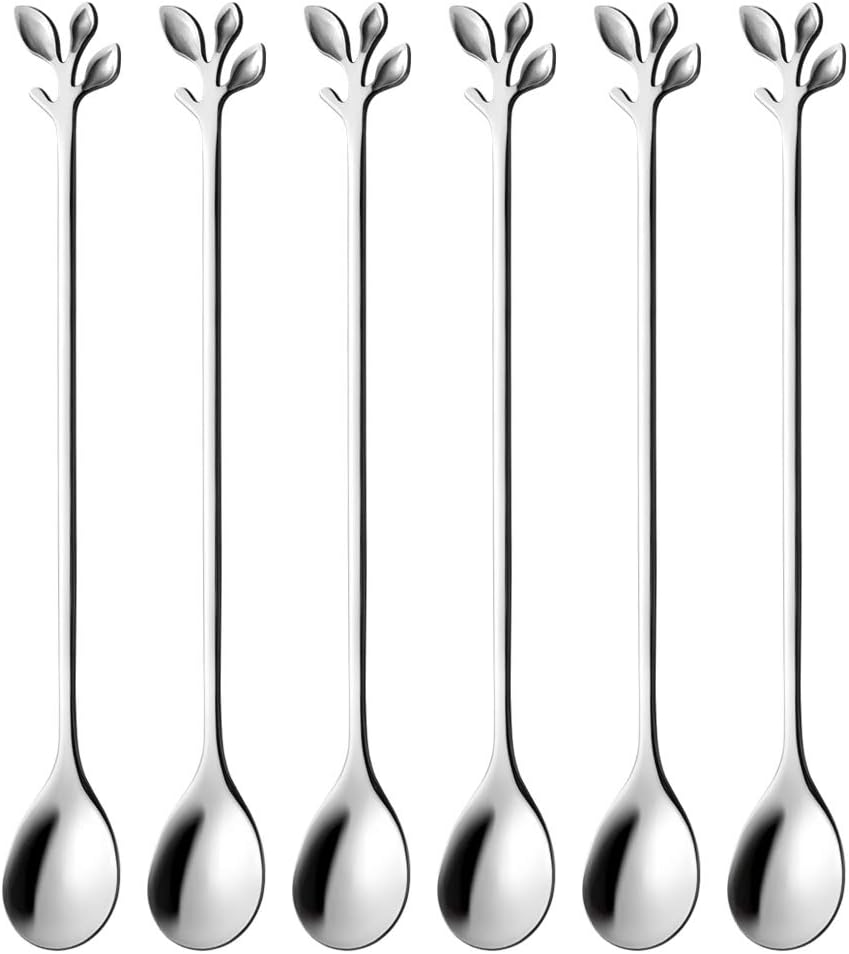 AnSaw 6-Piece Elegant Silver Leaf Long Handle Teaspoons - 7.4" Stainless Steel Stir Spoons for Coffee & Tea, Perfect for Mixing & Stirring