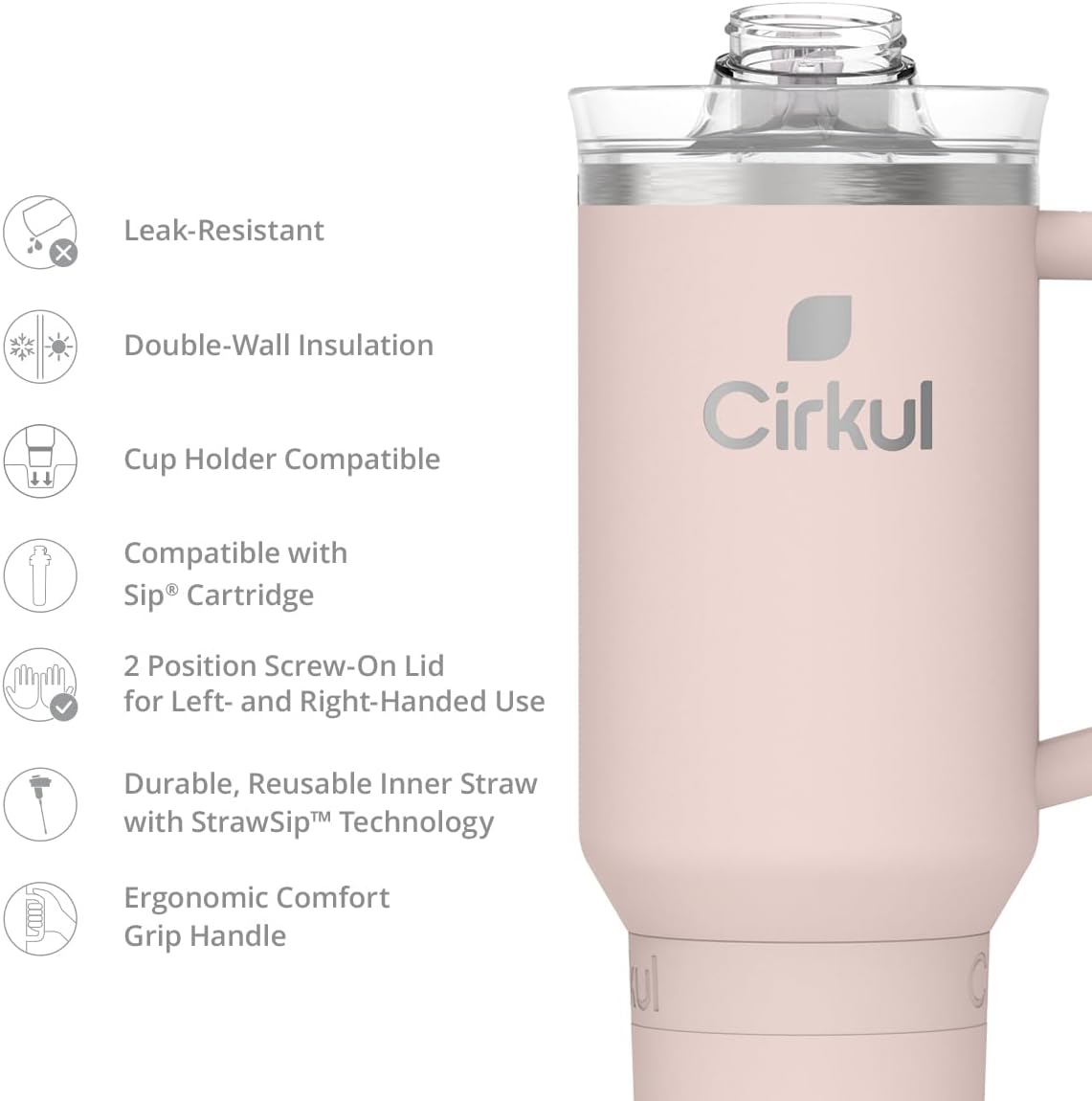 Cirkul 40oz. Blush Stainless Steel Tumbler with Handle, All-Day StrawSip™, Double-Wall Insulated