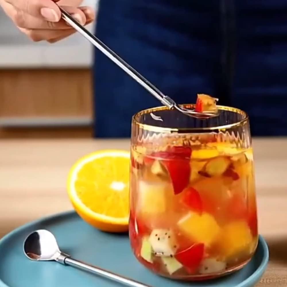 Reusable Stainless Steel Long Handle Straws Spoon, 6 Pieces 8.6", with 1 Cleaning Brush (circular)