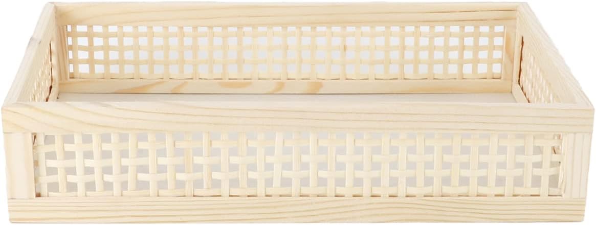 YAHUAN Rectangular Wooden Bamboo Serving Tray with Handles, Handwoven Rattan Decorative Display Serving Platters, Guest Towel Napkin Holder for Dining Bathroom Table Desktop (Rectangular Bamboo)