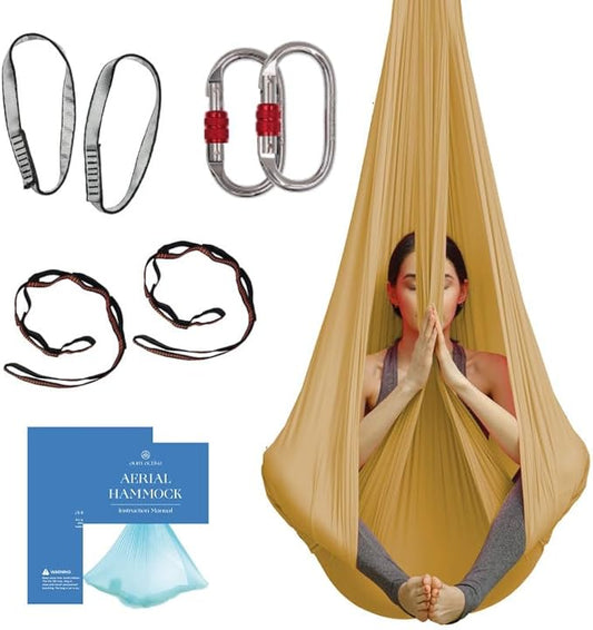 Aerial Silk Yoga Hammock & Swing for Home, Inversion Exercises, Starter Kit for All Levels - Durable with Extension Straps, Carabiners, and Pose Guide