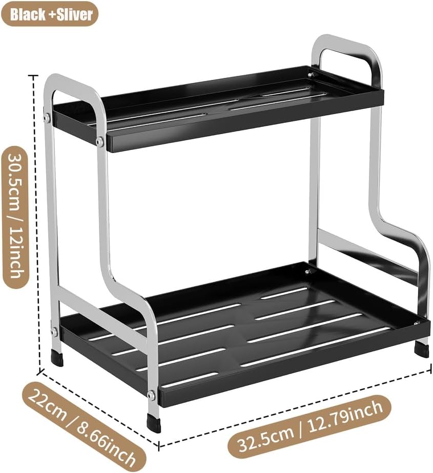 KISKIS Coffee Mug Cup Holder Space Saving 2-Tier Sturdy Stable Metal Storage Shelf, Prevent Falling Scratch Resistant Kitchen Rack Office Bathroom Desktop Organizer,Black+sliver