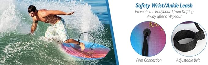 Body Board Lightweight with EPS Core, HDPE Slick Bottom, Leash & Adjustable Wrist Rope, Great Surfing for Kids and Adults