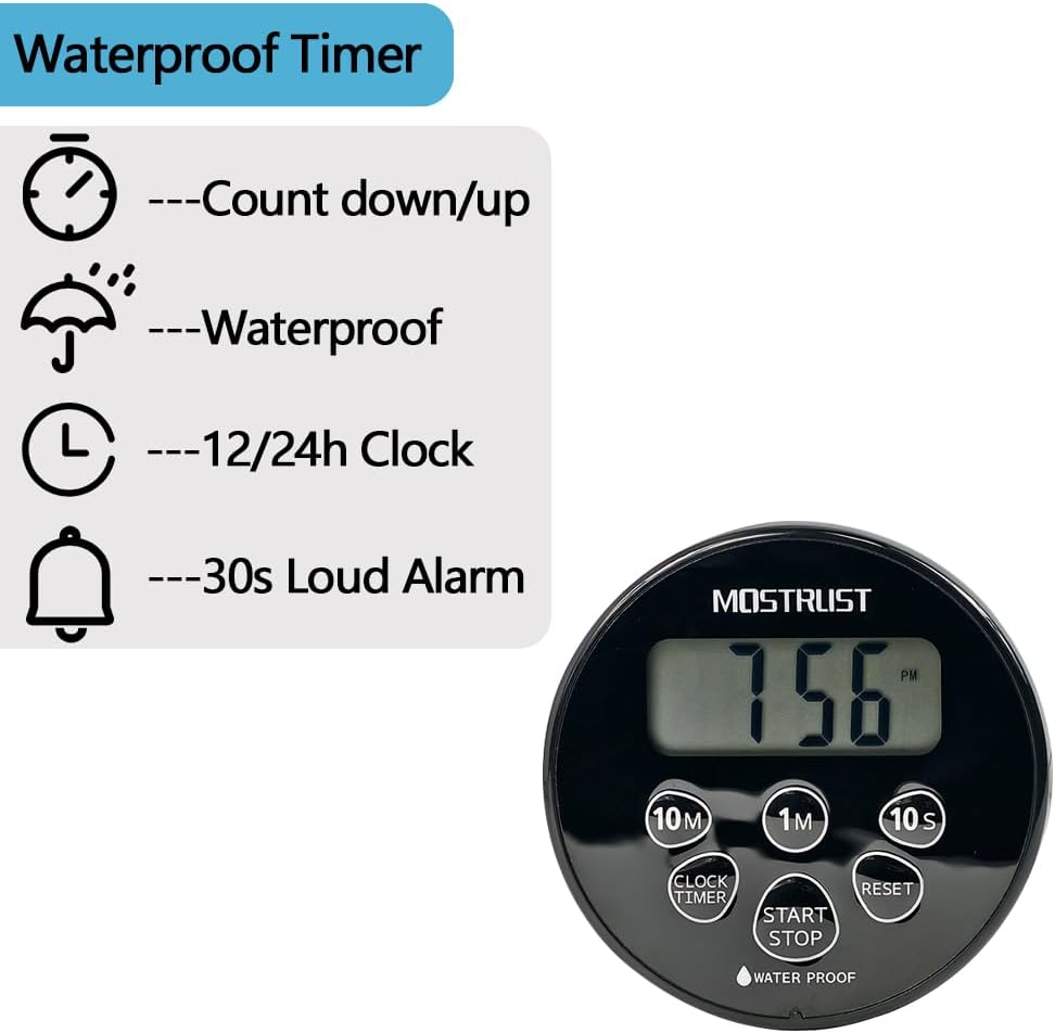 Digital Waterproof Shower Clock Timer, Bathroom Kitchen Countdown Cooking Timer with Alarm, Magnetic Back, Stand Dark Black