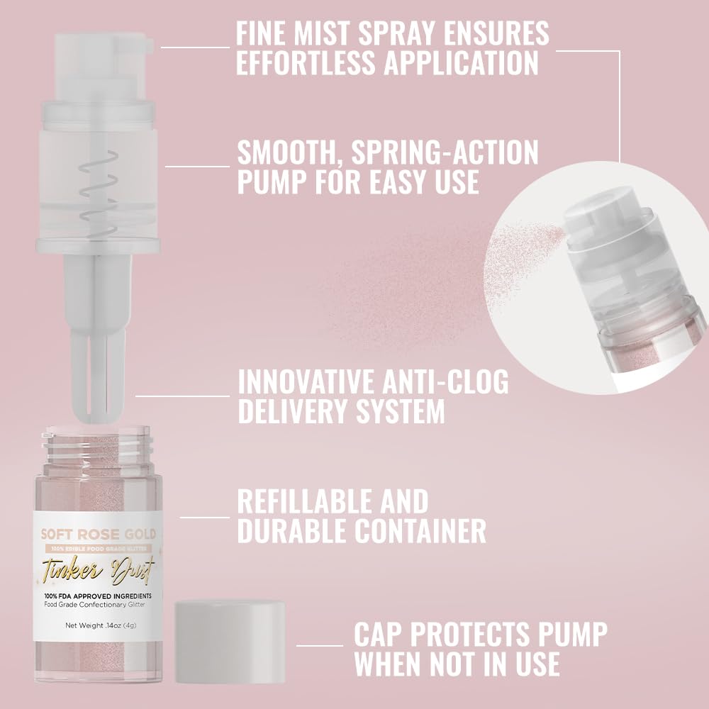 Bakell - Soft Rose Gold Tinker Dust (4g, 1x Mini Spray Pump) Edible Glitter for Food, Desserts, and Beverages!