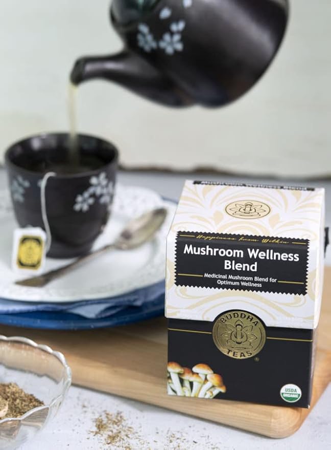 Buddha Teas - Organic Mushroom Wellness Blend - Herbal Tea - For Health & Wellbeing - With Antioxidants & Minerals - Clean Ingredients - Caffeine Free - OU Kosher & Non-GMO - 18 Tea Bags (Pack of 1).
