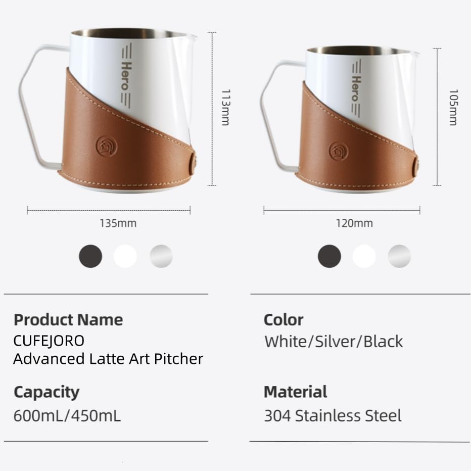 Milk Frothing Pitcher 450ml/16oz 304 Stainless Steel Espresso Steaming Pitcher with PU Leather, Milk Frothing Jug,milk frother cup,Milk Jug Cup,Premium Barista Tools,Latte Art (WHITE,16oz)