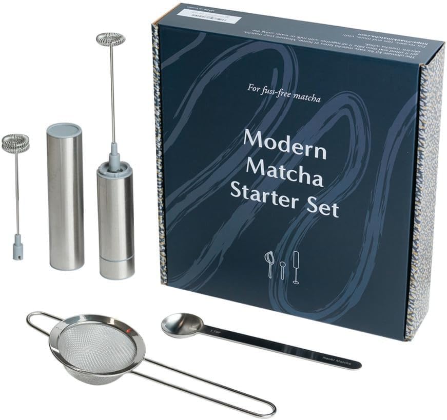 Naoki Matcha Modern Matcha Starter Set - Electric Matcha Whisk and Milk Frother with Single and Double Frother Head, Stainless Steel Spoon, Stainless Steel Sifter