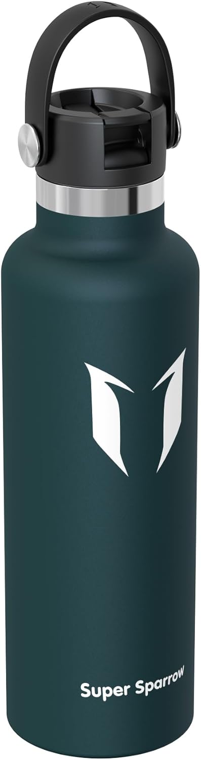 Super Sparrow Insulated Water Bottle - 17 Oz / 25 Oz / 32 Oz - Standard Mouth FlipFlow Flask - BPA Free, Leak Proof Drink Bottle- Ergonomic Straw Water Bottles for Work, Gym, Travel, Sports