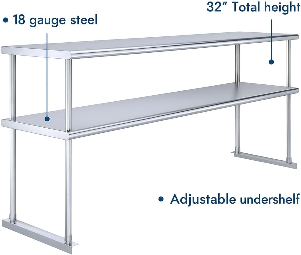 NSF Certified 18 Gauge Heavy Duty Stainless Steel Double overshelf with Brackets for Kitchens, Utility Rooms, Storage, Offices & Home