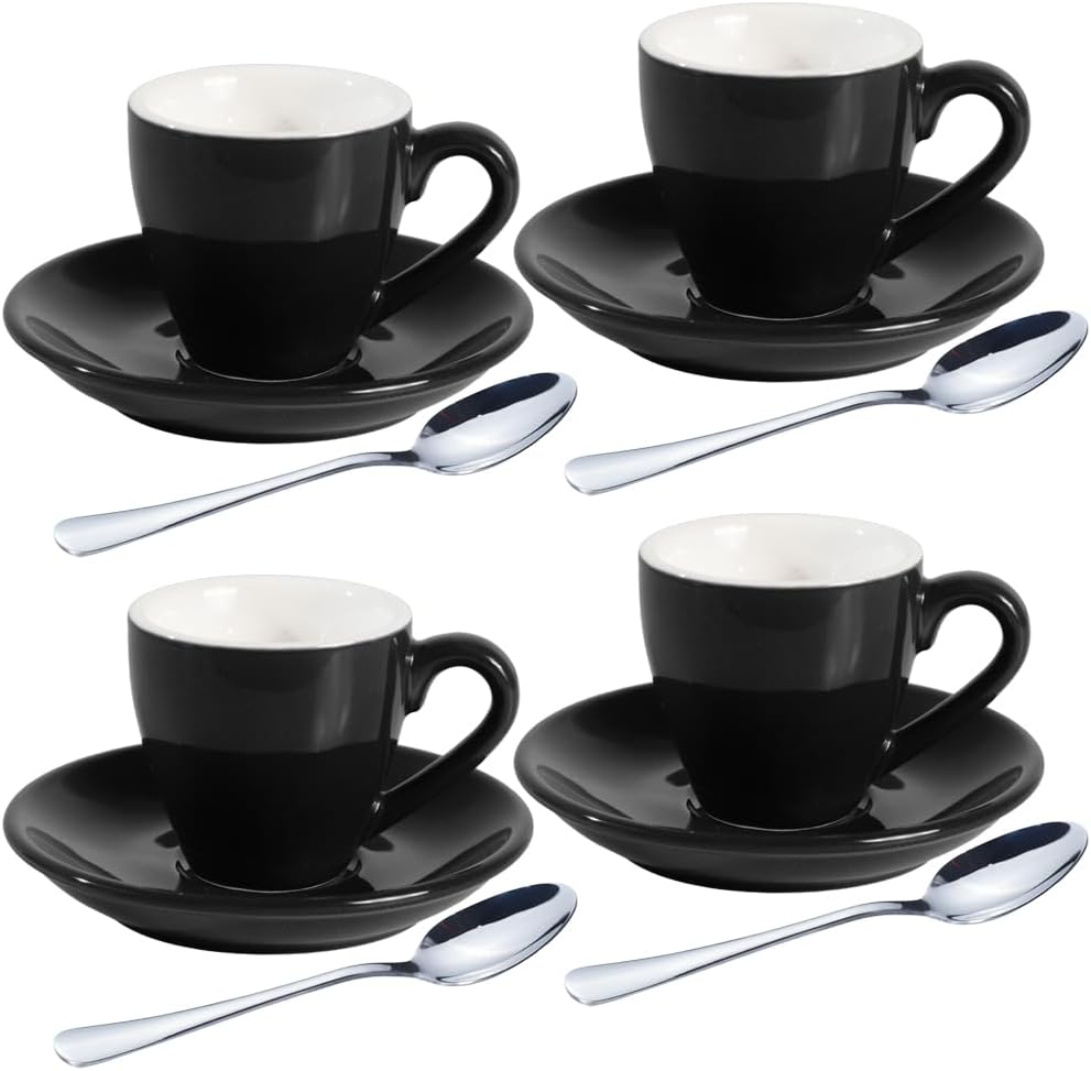 homEdge Porcelain Espresso Shot Cup Set with Saucers and Stainless Steel Spoons - 80 ml / 2.67 oz, Set of 4, Black