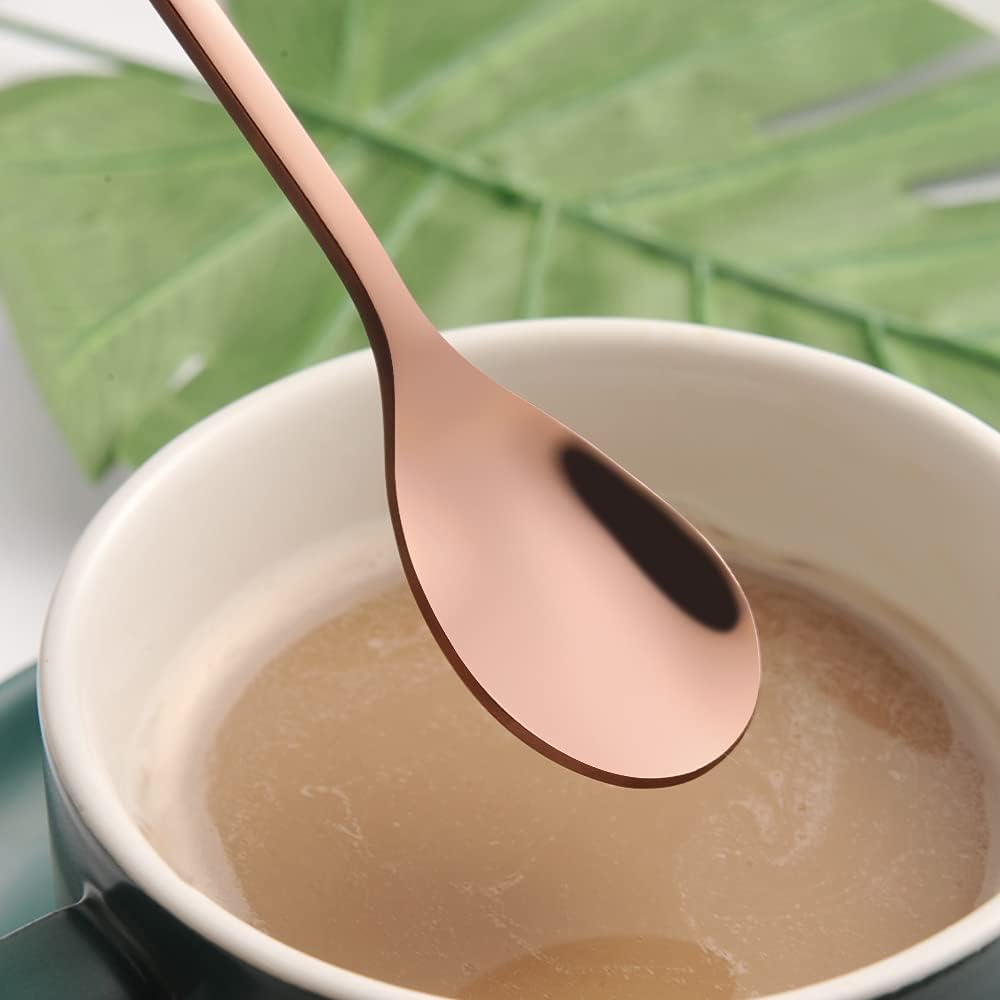 AnSaw 6-Piece Elegant Rose Gold Leaf Long Handle Teaspoons - 7.4" Stainless Steel Stir Spoons for Coffee & Tea, Perfect for Mixing & Stirring