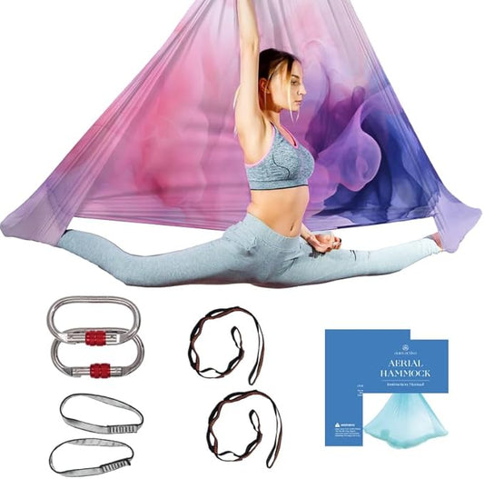 Aerial Silk Yoga Hammock & Swing for Home, Inversion Exercises, Starter Kit for All Levels - Durable with Extension Straps, Carabiners, and Pose Guide
