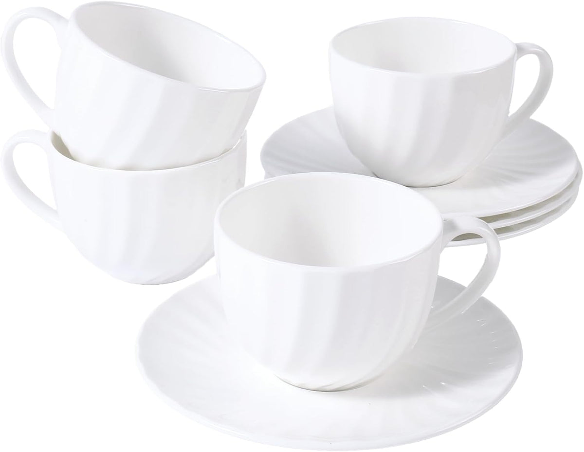 Fine Bone China Cappuccino Mugs Set of 4, 7 Oz Spiral Pattern Lightweight Ceramic, Art Coffee Cups with Saucers, for Latte, Mocha, Tea, Espresso, Macchiato, Americano