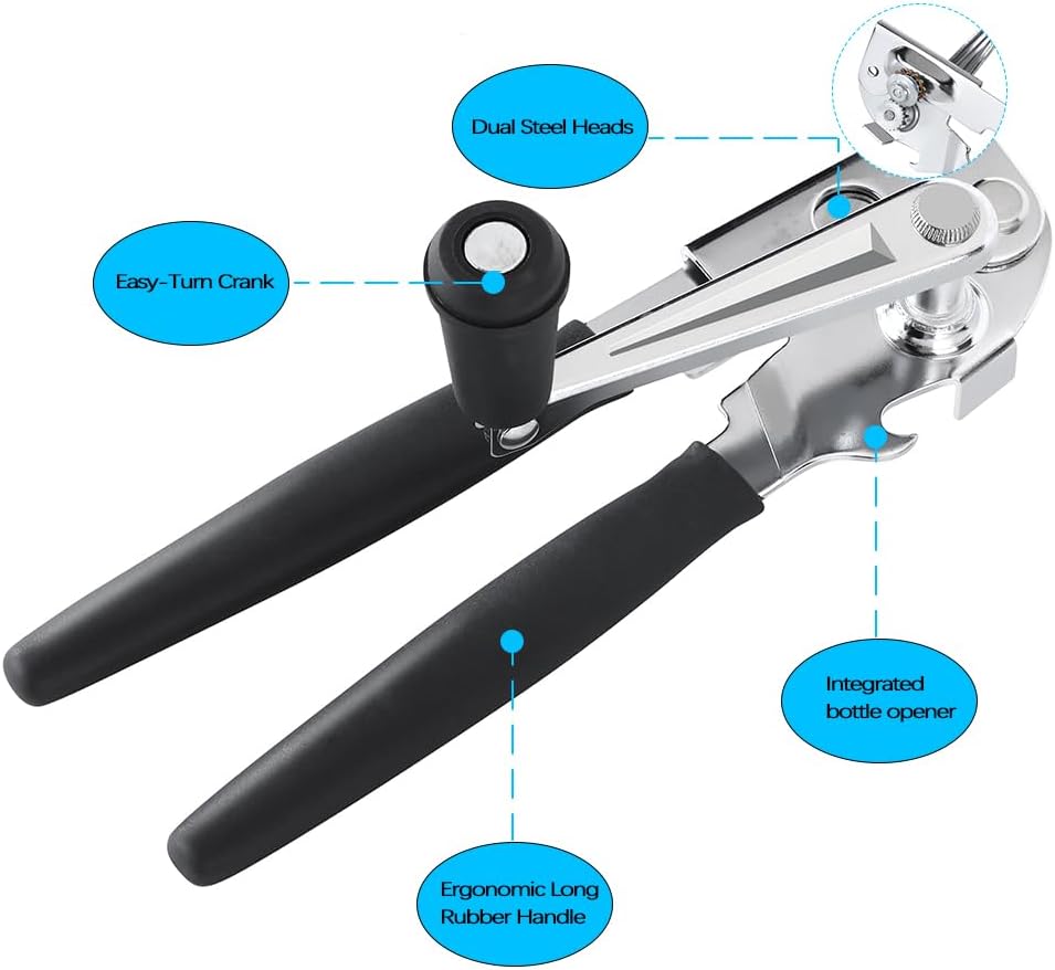 Manual Can Opener,Commercial Heavy Duty Can Openers with Easy-Turn Crank,Ergonomic Long Rubber Handle for Seniors