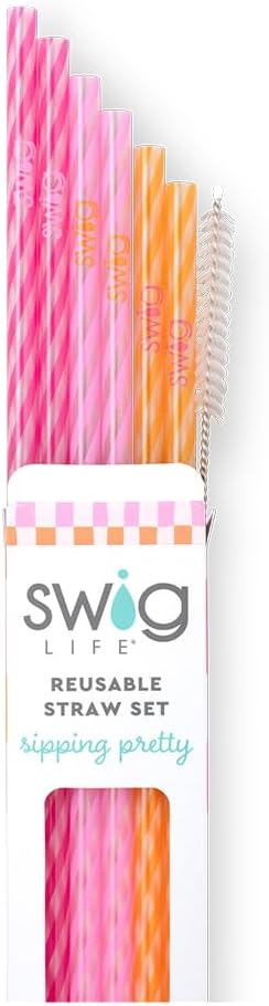 Swig Life Reusable Straws Sherbert Stripe Tall Straw Set & Cleaning Brush, Each Straw is 10.25 inch Long (Fits Swig Life 20oz, 22oz, and 32oz Tumblers)
