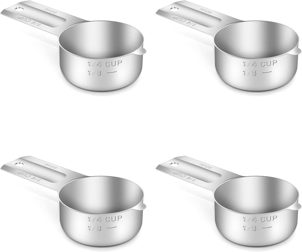 4PCS 1/4Cup (60ml, 2oz) Single Measuring Cup, Stainless Steel Measure Scoop, Metric and US Measurement, Dishwasher Safe