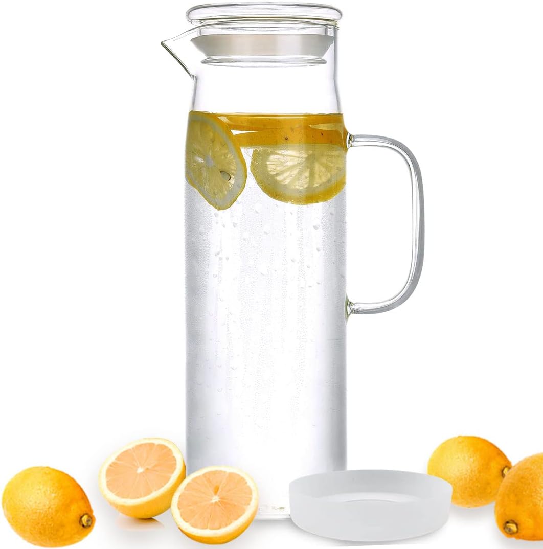 hjn Glass Pitcher with Lid Glass Water Carafe with Handle, Fridge Water Jug Cold or Hot Beverages, Iced Tea, Milk, Juice 1500ml/51oz & glass lid