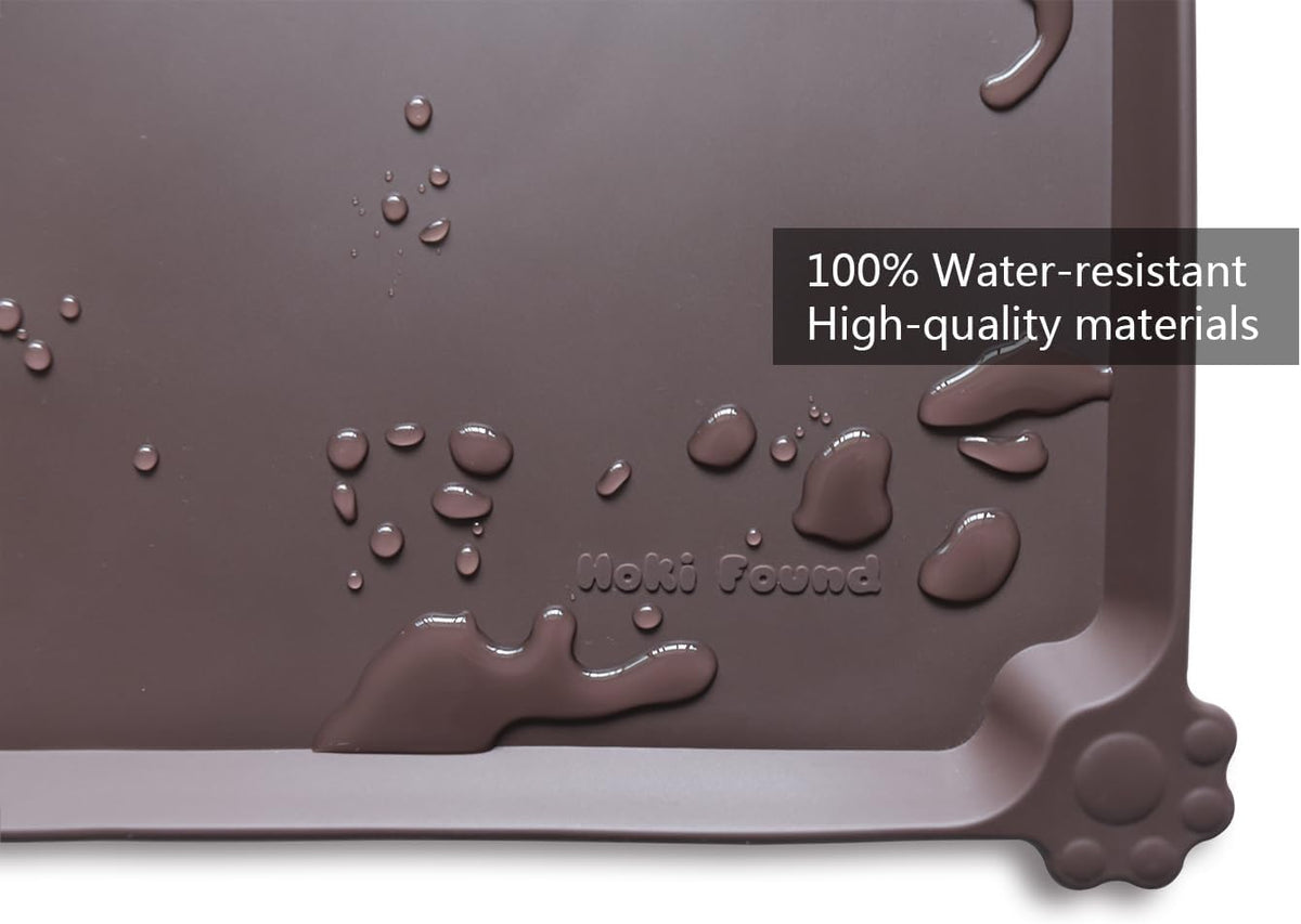 Hoki Found Large Silicone Pet Food Mat - Non Slip, Waterproof Dog Cat Bowl Mat - Dark Oak