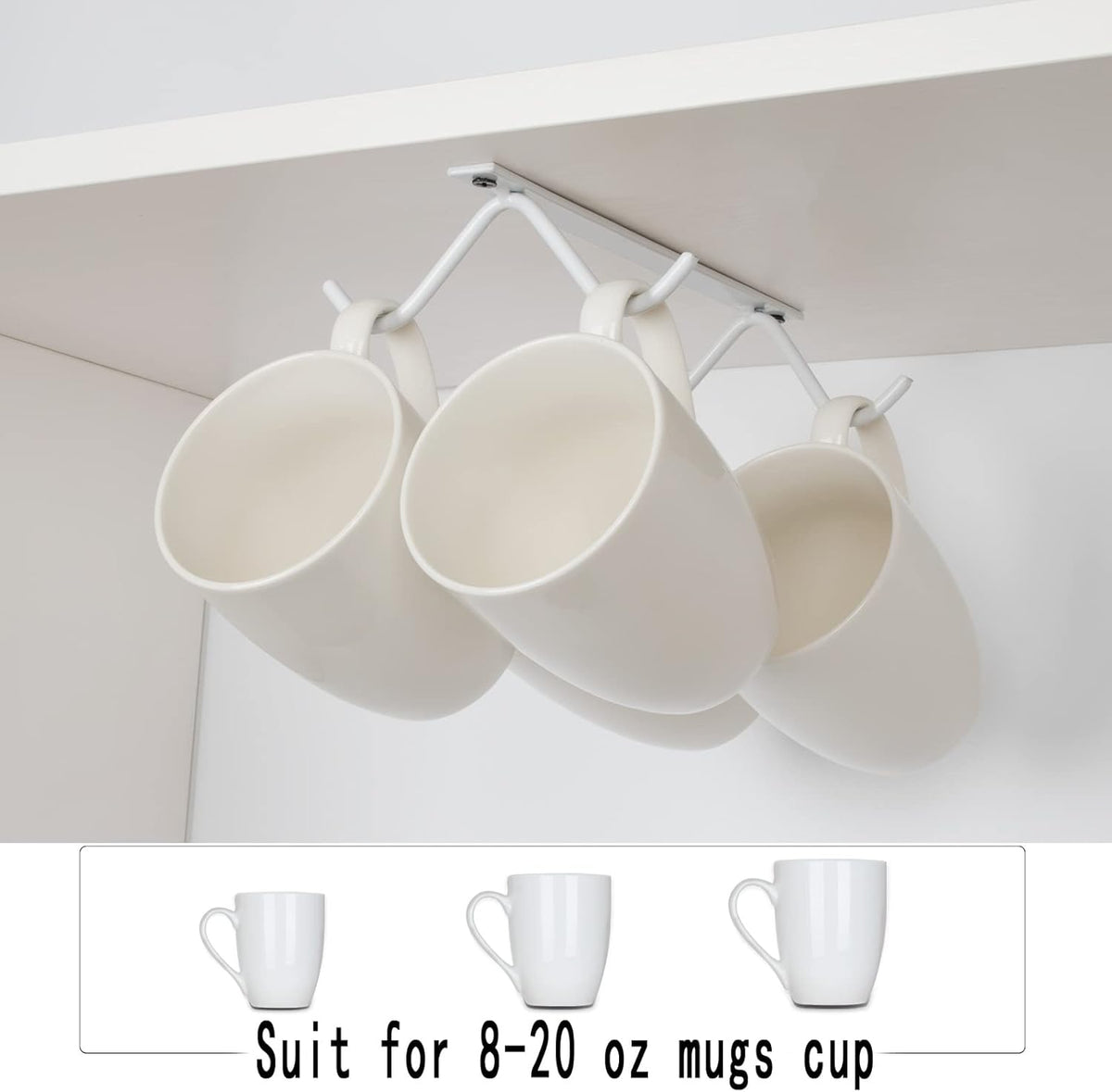 Cabinet Hook Mug Holder - Hanging Coffee Cup Rack for Kitchen, Under Cabinets Metal Hangers Organizer Shelf Storage Utensil (White)