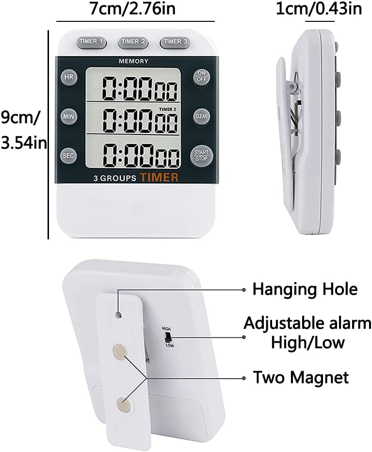 Digital Dual Kitchen Timer for Cooking, 3 Channels Count Down/up Triple Multi Timers for Food, Magnetic Memory-Preset Large-Display Adjustable Alarm Volume, 3A Battery Included