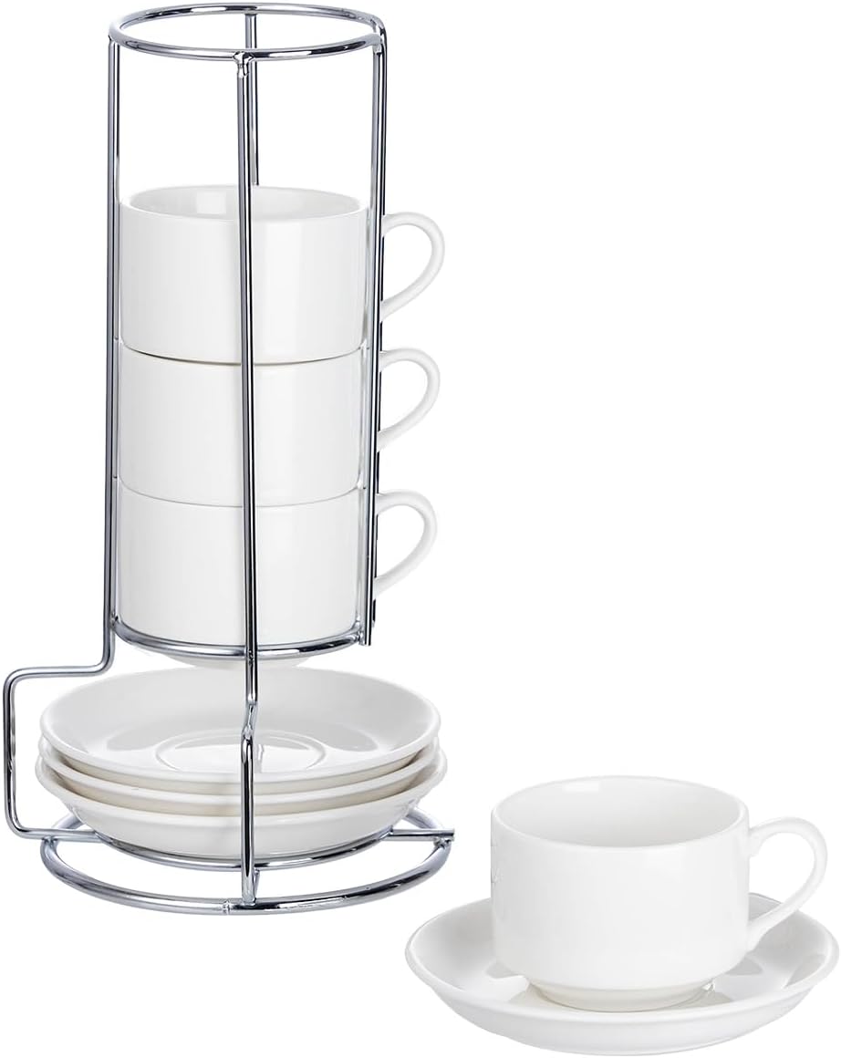 2.5 Ounce Porcelain Espresso Cups with Saucers and Silver Stand, White Stackable Cups Set of 4