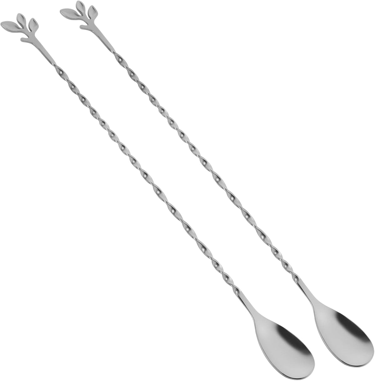 AnSaw Silver 12-Inch Stainless Steel Cocktail Spoon with Leaf Handle - Perfect for Mixing & Layering Drinks in Tall Cups, Bar & Shakers - Durable Long Handle Bar Stirrer,2-Pieces