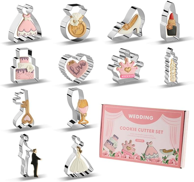 12 Wedding Cookie Cutters Shapes Set for Baking Including Bride and Groom Diamond Ring Wedding Cake Candle Wedding Dress Champagne Glasses Lipstick Heels Etc.
