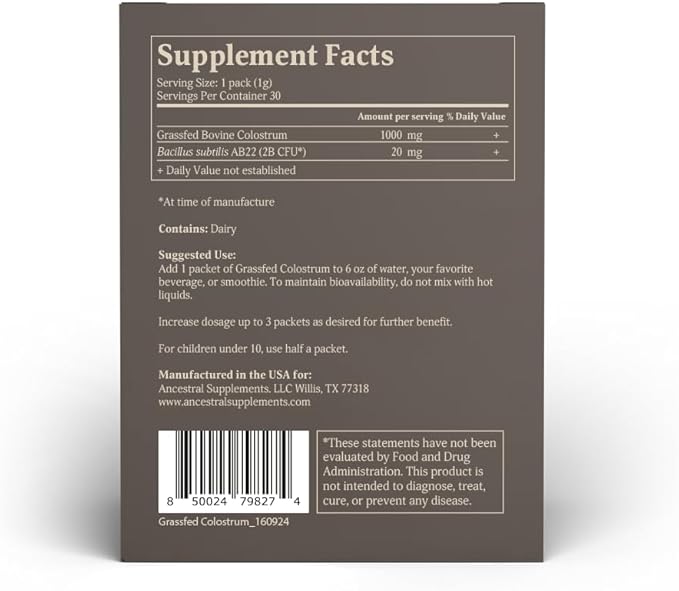 Ancestral Supplements Grass Fed Beef Bovine Colostrum Powder Packets, Immune Support Supplement, Gut, Skin & Hair Health Support Supplements, Promotes Growth and Repair, Non GMO, 30 Sticks, Unflavored