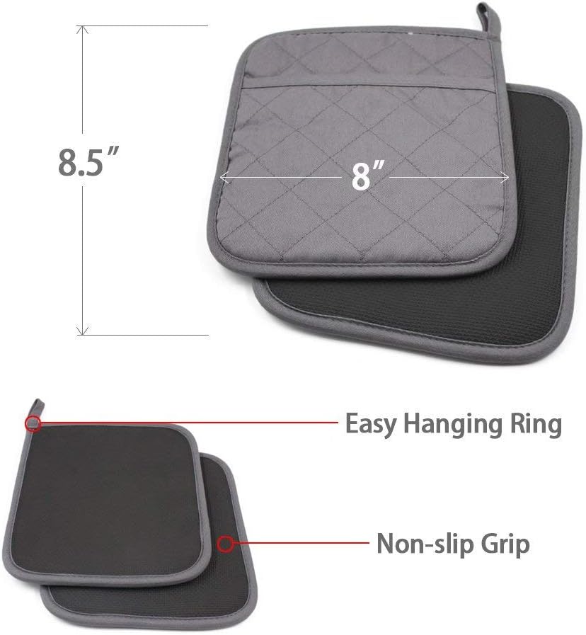 2 PCS Gray Pot Holders Sets for Kitchen Heat Resistant Oven Hot Pads with Pockets Non Slip Soft Grip Potholders for Baking Cooking 8"x8.5"