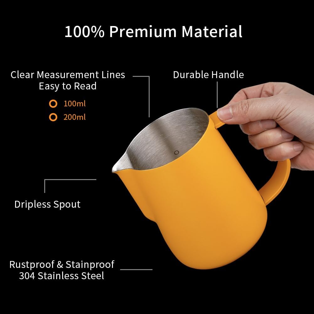 watchget Milk Frothing Pitcher 250ml/8oz Stainless Steel Espresso Steaming Jug with Matte Yellow Coating, Latte Art Coffee Frother Cup