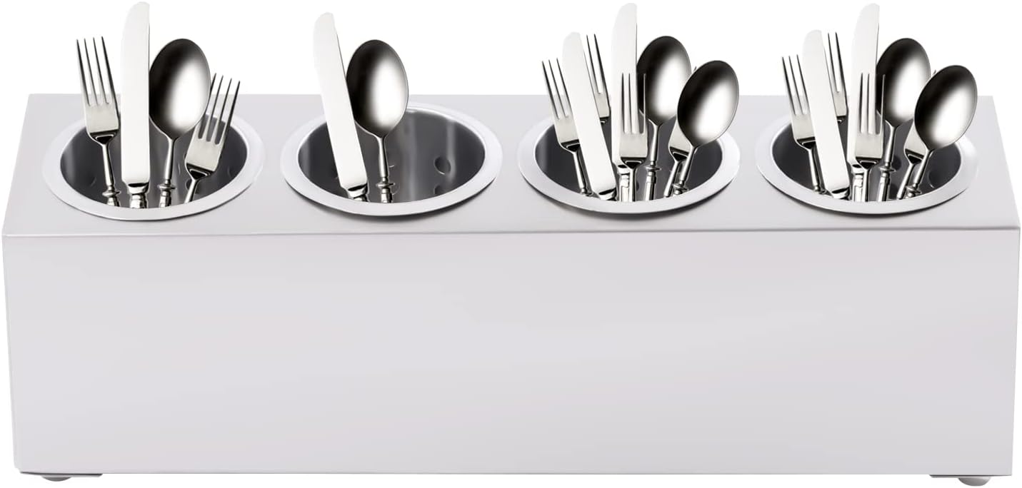 Stainless Steel Flatware Utensil Holder, Commercial Cylinder Silverware Organizer for Countertop Restaurant, 4-Hole