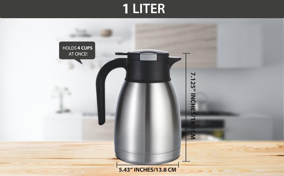 Heritage66 Thermal Coffee Carafe Dispenser, Triple Wall Stainless Steel, Vacuum Insulated, 34 oz/1 Liter, Keeps Hot 12 Hours (1 Liter/ 34 Oz)