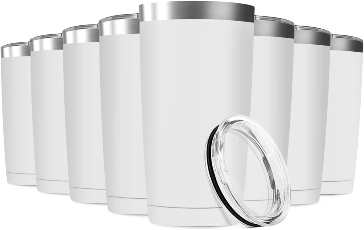 8 Pack 20oz Tumbler Vacuum Insulated Travel Mug with Lids, Stainless Steel Double Wall Bulk Cup for Home, Office, Outdoor Suitable for Vehicle Cup Holders(White)